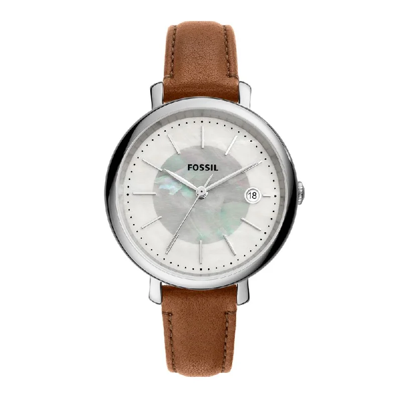 rugged sport watches for men with shock resistance and multi-sport tracking -Fossil Women's Jacqueline Leather White Mother of Pearl Dial Solar ES5090