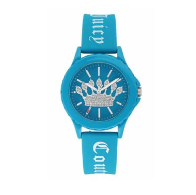 premium women’s watches with minimalist design and interchangeable straps -Juicy Couture with 38X38 MM Blue Round Dial Silicone Band Strap; JC-1001BLBL