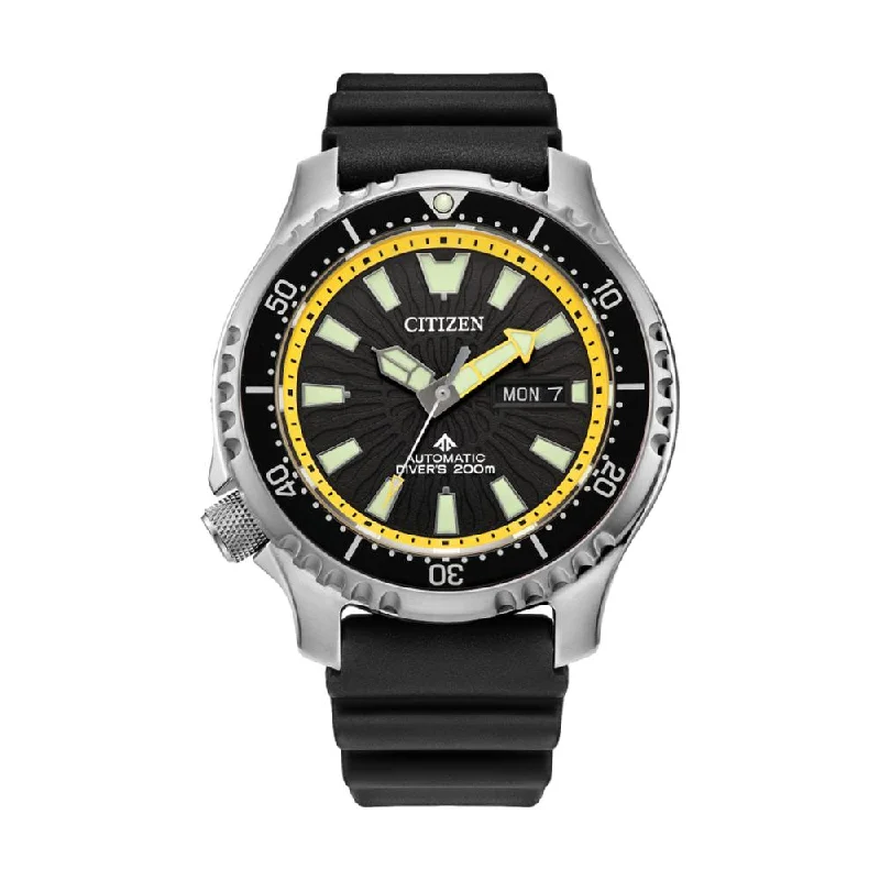 titanium sport watches for men with water resistance and eco-friendly features -Promaster Dive Automatic FUGU Black Dial, Yellow Accents