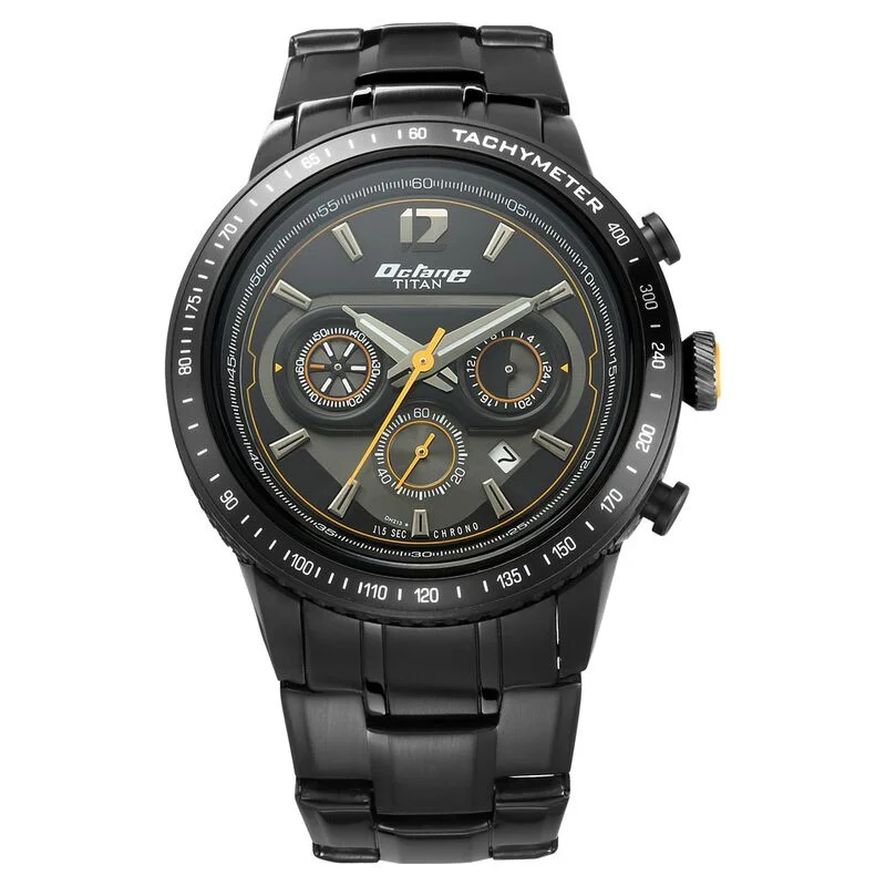 watches for women with gemstone details and elegant dials -Titan Octane Black Dial Chrono Metal Strap Watch For Men