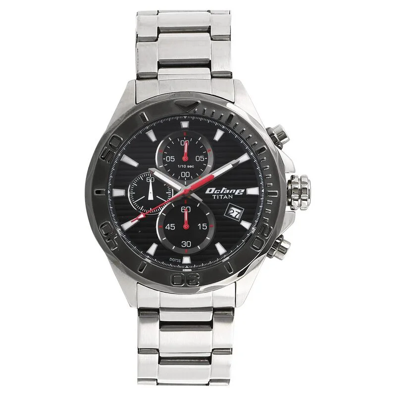 solar-powered sport watches for men with GPS and tracking features -Titan Octane Black Dial Chrono Stainless Steel Watch For Men