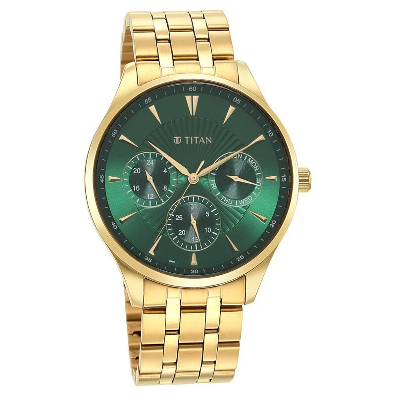 stylish sport watches for men with modern design and advanced features -Titan Opulent Green Dial Quartz Multifunction Stainless Steel Strap Watch For Men