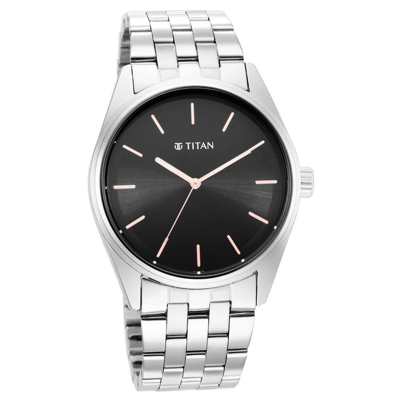 sport watches for women with calorie counting and step tracking -Titan Quartz Analog Black Dial Stainless Steel Strap Watch For Men