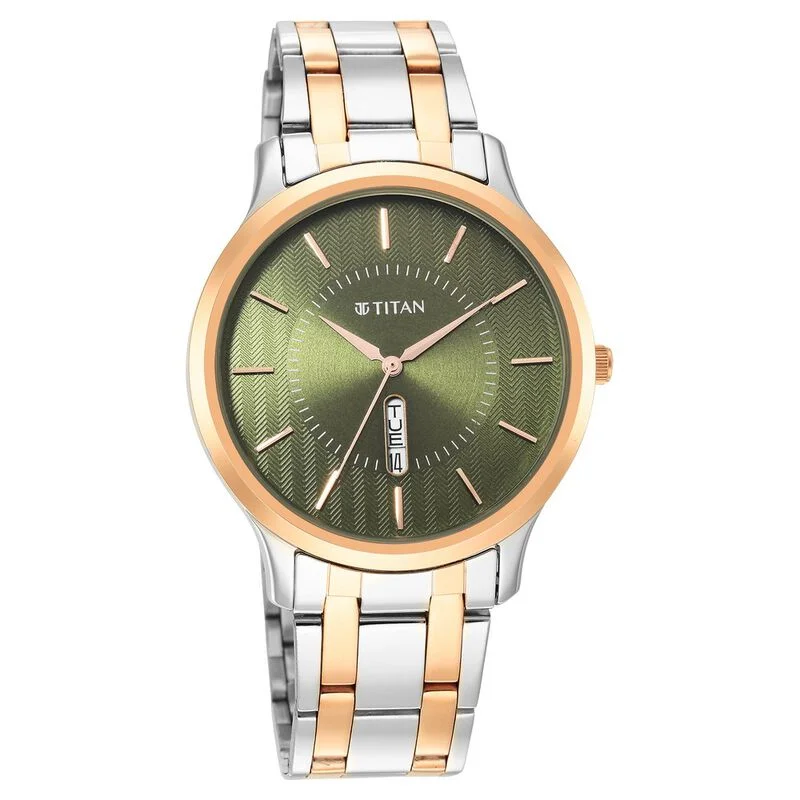 solar-powered watches for men with rugged, outdoor designs -Titan Quartz Analog Green Dial Stainless Steel Strap Watch For Men