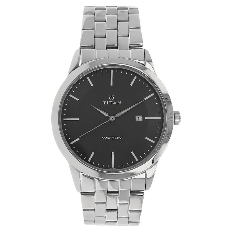 best quartz watches for women with clean and simple designs -Titan Quartz Analog With Date Black Dial Stainless Steel Strap Watch For Men