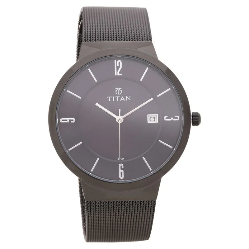 titanium watches for men with water resistance and high durability -Titan Quartz Analog With Date Black Dial Stainless Steel Strap Watch For Men