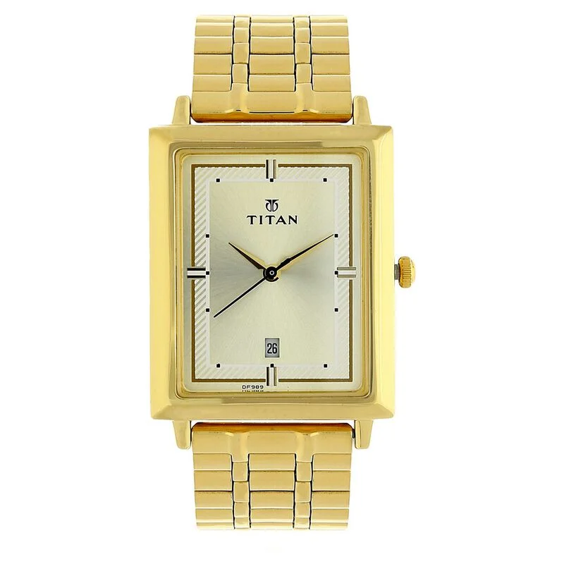 titanium watches for men with modern and sleek design -Titan Quartz Analog With Date Champagne Dial Stainless Steel Strap Watch For Men