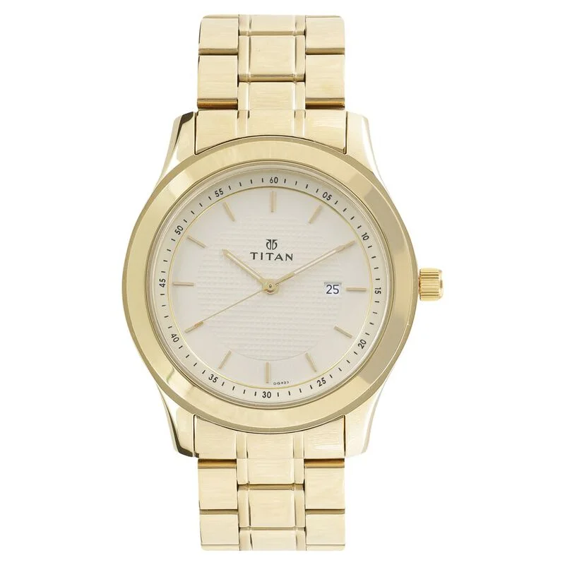 women’s watches with gold-tone accents and modern design -Titan Quartz Analog With Date Champagne Dial Stainless Steel Strap Watch For Men