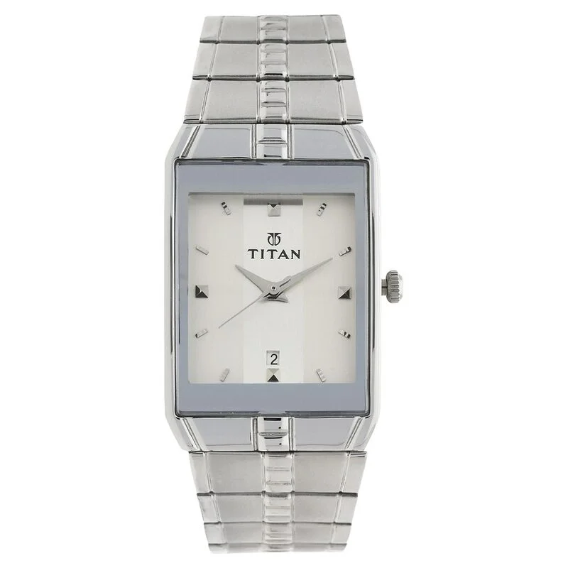 solar-powered watches for women with chic, modern designs -Titan Quartz Analog With Date White Dial Stainless Steel Strap Watch For Men