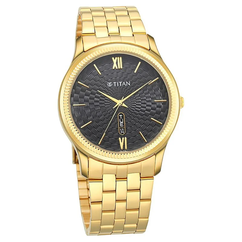 watches for women with slim profiles and simple, elegant designs -Titan Quartz Analog With Day And Date Black Dial Metal Strap Watch For Men