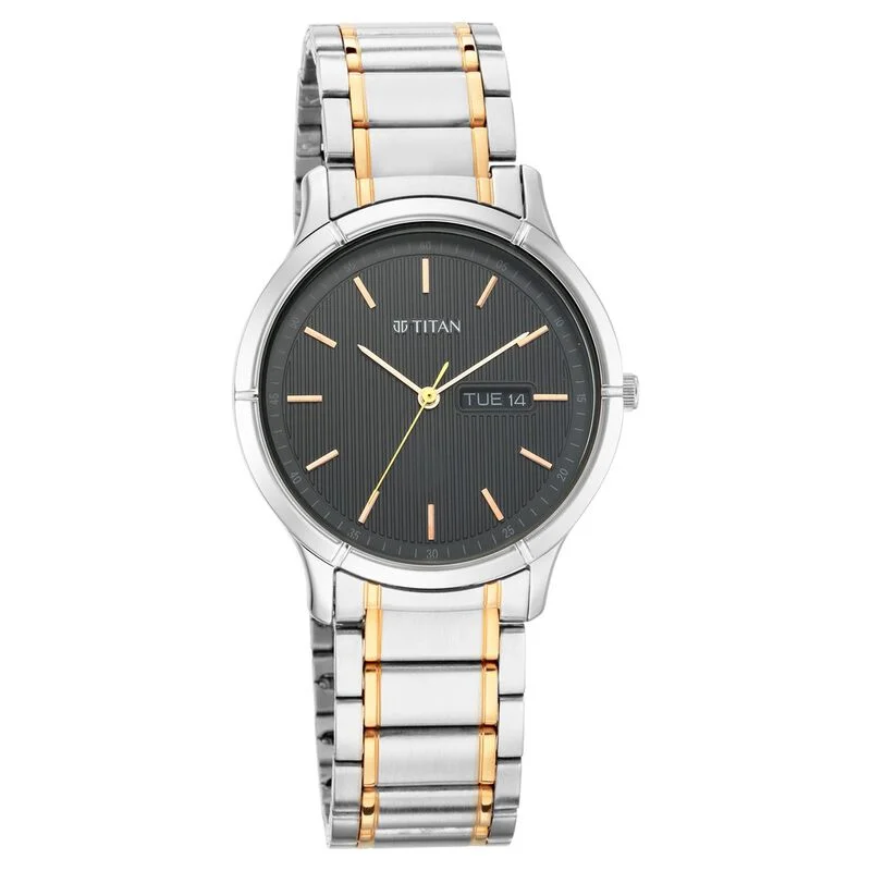 premium watches for men with minimalist designs and sleek finishes -Titan Quartz Analog With Day And Date Black Dial Metal Strap Watch For Men