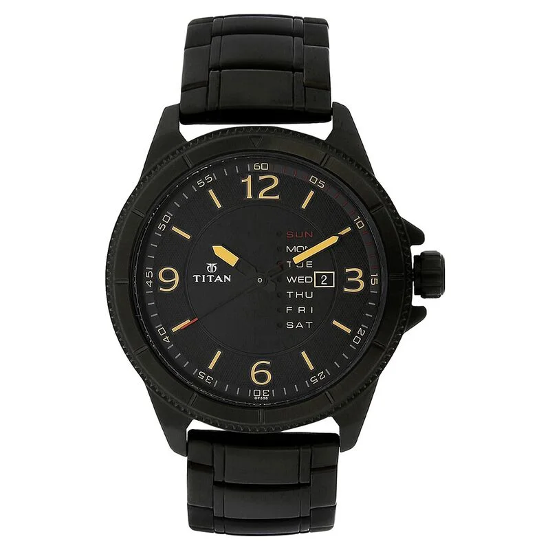 classic watches for men with date function and minimalist design -Titan Quartz Analog With Day And Date Black Dial Stainless Steel Strap Watch For Men