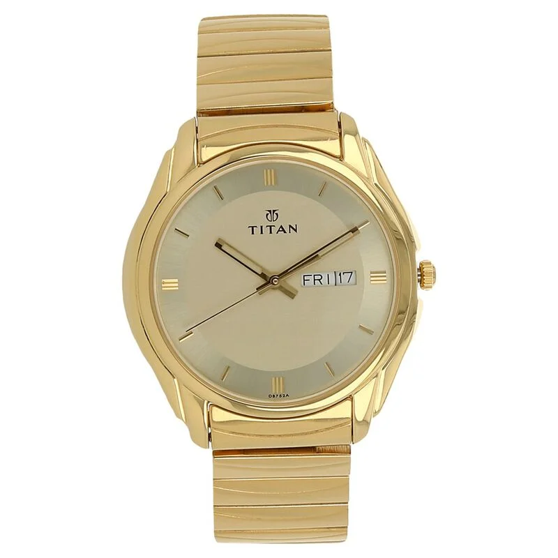 luxury watches for men with intricate designs and Swiss movement -Titan Quartz Analog With Day And Date Champagne Dial Stainless Steel Strap Watch For Men