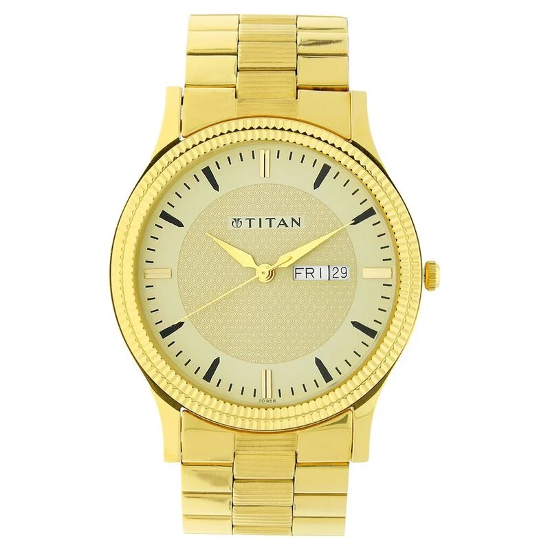 rugged sport watches for men with shockproof and water-resistant features -Titan Quartz Analog With Day And Date Golden Dial Stainless Steel Strap Watch For Men