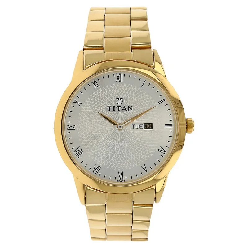 watches for women with sparkling gemstones and elegant designs -Titan Quartz Analog With Day And Date Silver Dial Stainless Steel Strap Watch For Men