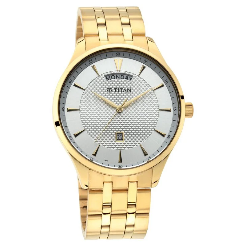 watches for women with bold dials and colorful straps -Titan Quartz Analog With Day And Date White Dial Stainless Steel Strap Watch For Men