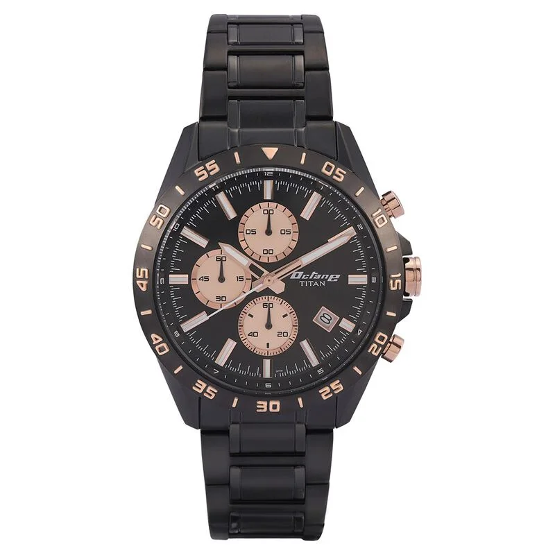 luxury watches for women with rare materials and designer details -Titan Quartz Chronograph Black Dial Stainless Steel Strap Watch For Men