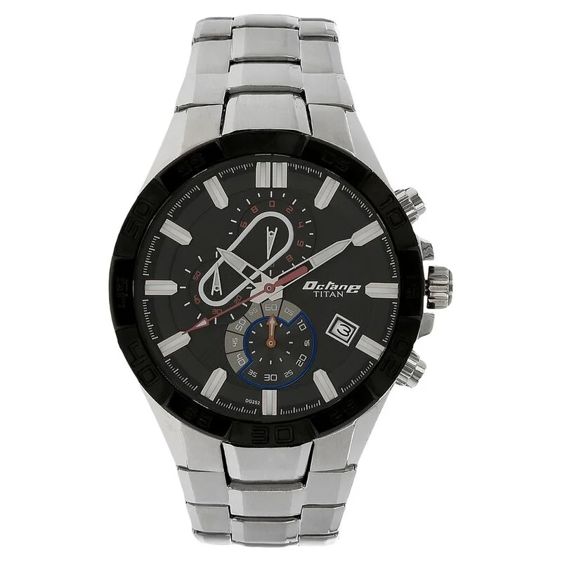 solar-powered watches for men with eco-friendly features -Titan Quartz Chronograph Black Dial Stainless Steel Strap Watch For Men