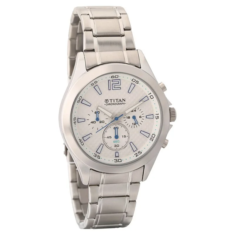 watches for women with sleek stainless steel bands and elegant dials -Titan Quartz Chronograph White Dial Stainless Steel Strap Watch For Men