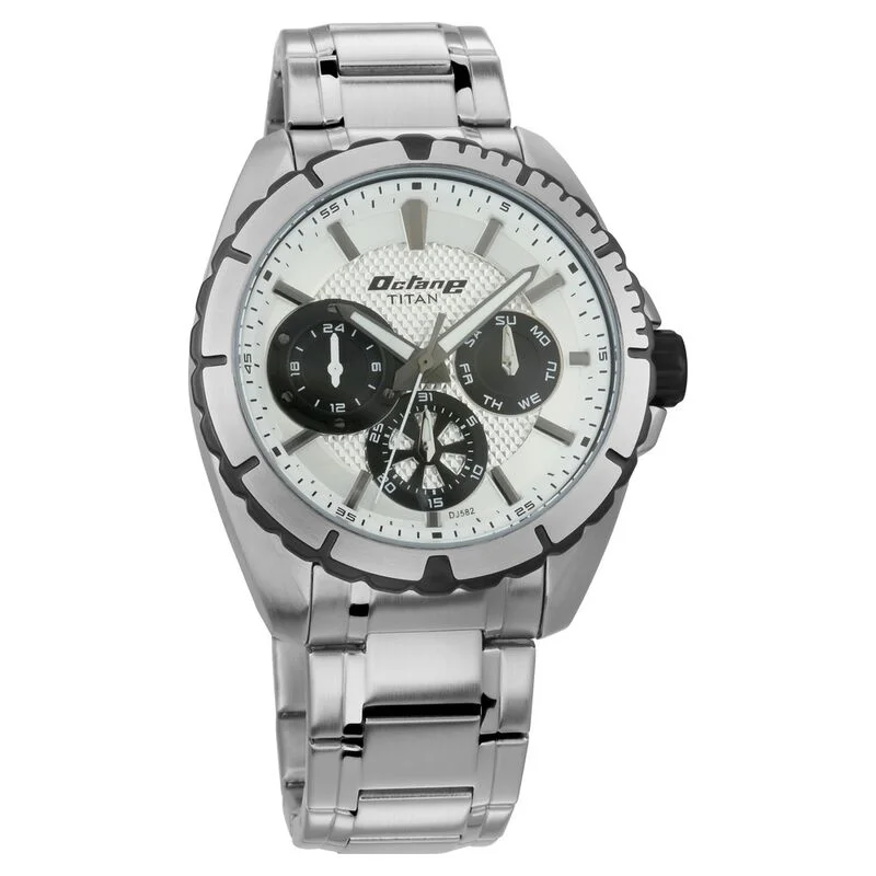 solar-powered watches for men with robust and eco-conscious features -Titan Quartz Multifunction Silver Dial Stainless Steel Strap Watch For Men