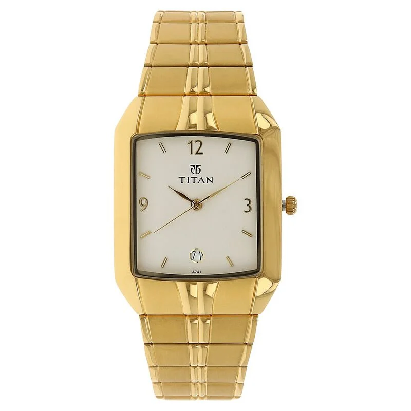 watches for women with leather bands and vintage-inspired design -Titan Rectangle White Dial Analog With Date Metal Strap Watch For Men