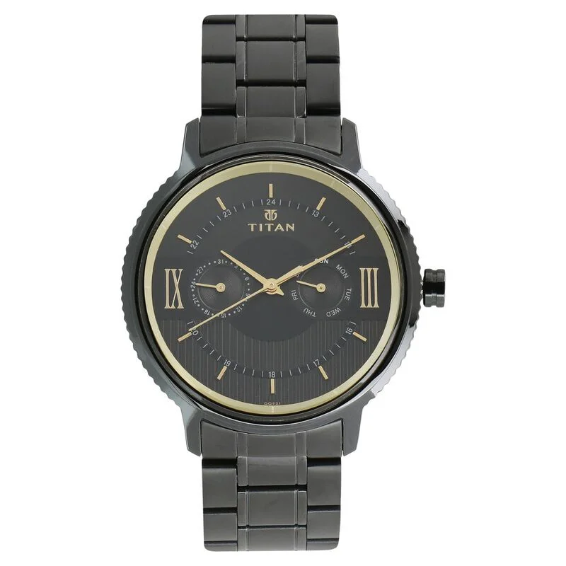 luxury watches for men with unique designs and precious materials -Titan Regalia Baron Black Dial Analog With Day And Date Stainless Steel Strap Watch For Men