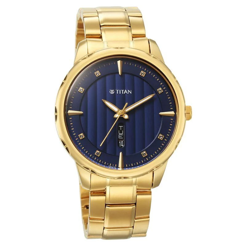 elegant women’s watches with sparkling gemstone details -Titan Regalia Opulent Blue Dial Analog With Day And Date Metal Strap Watch For Men