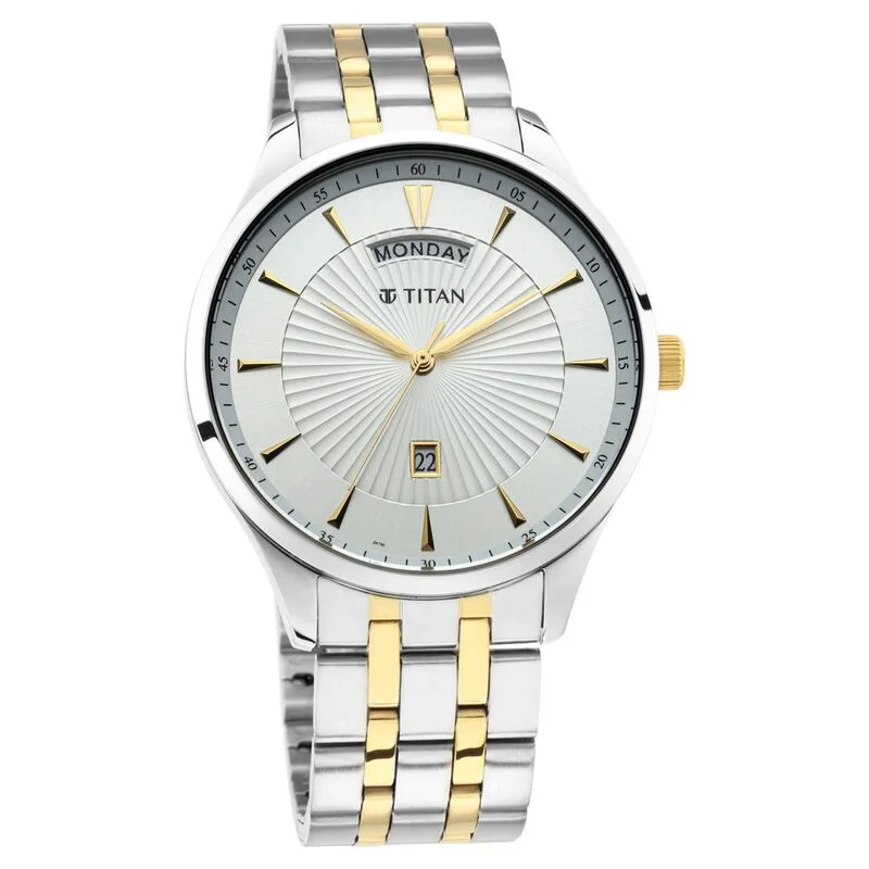 watches for women with metal mesh and elegant design -Titan Regalia Opulent White Dial Analog With Day And Date Stainless Steel Strap Watch For Men