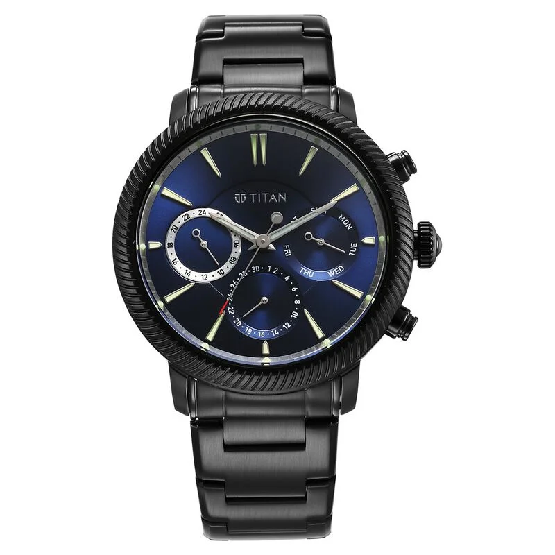 best watches for men with advanced GPS tracking and fitness monitoring -Titan Stellar Quartz Multifunction Blue Dial Stainless Steel Strap Watch For Men