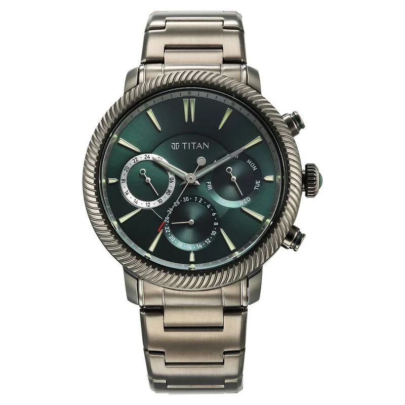 watches for men with unique, modern designs and advanced features -Titan Stellar Quartz Multifunction Green Dial Stainless Steel Strap Watch For Men