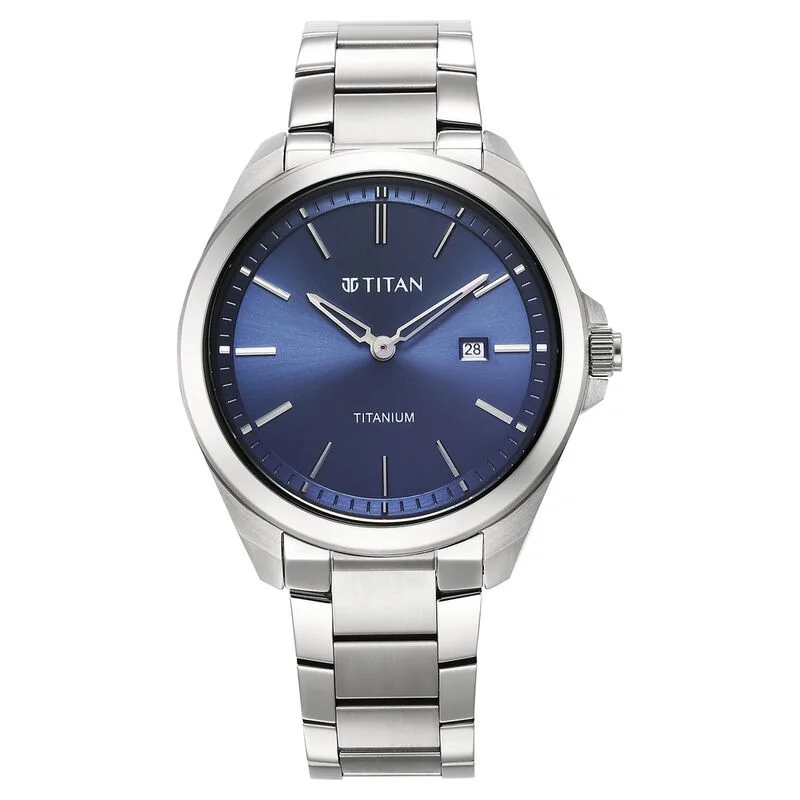 women’s watches with adjustable straps and luxury designs -Titan Titanium Quartz Analog Blue Dial Stainless Steel Strap Watch For Men