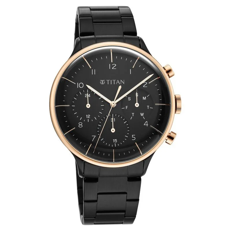 classic men’s watches with gold-tone accents and leather bands -Titan Urban Magic Black Dial Analog Stainless Steel Strap Watch For Men